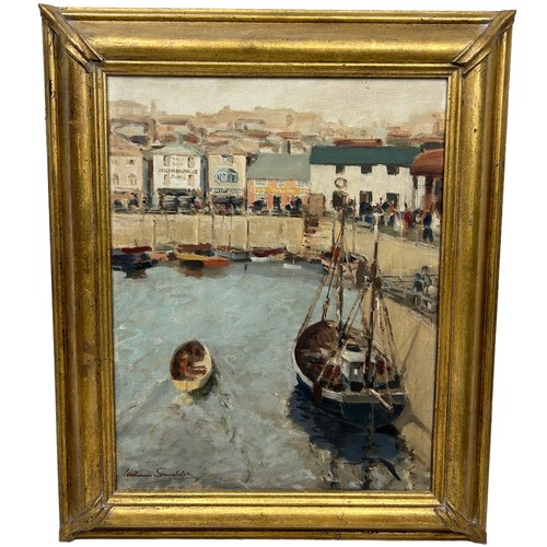 14 - WILLIAM SCUDDER (BRITISH 20TH CENTURY): AN OIL PAINTING ON CANVAS DEPICTING BRIXHAM HARBOUR, DEVON, ... 