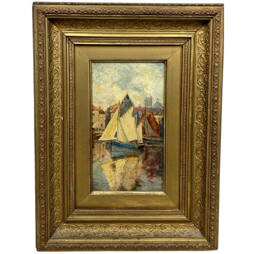 36 - AN OIL PAINTING ON BOARD DEPICTING SAILBOATS IN A HARBOUR, 

24cm x 13cm 

Mounted in a gilt wood fr... 