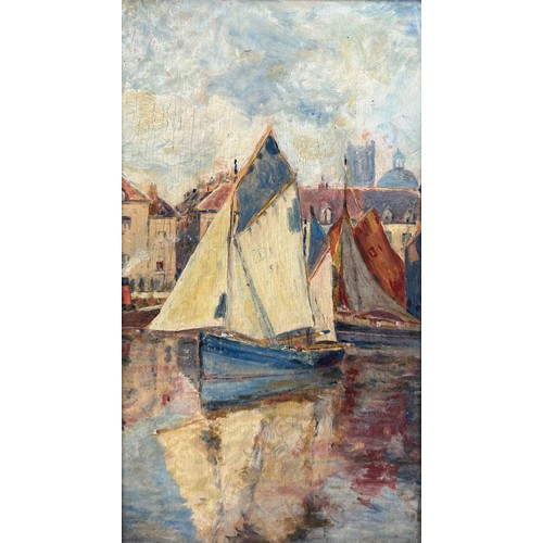 36 - AN OIL PAINTING ON BOARD DEPICTING SAILBOATS IN A HARBOUR, 

24cm x 13cm 

Mounted in a gilt wood fr... 