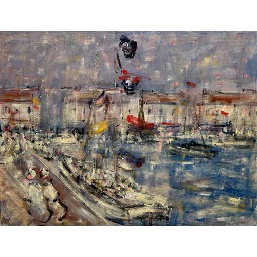 28 - WALTER JOHN BEAUVAIS (BRITISH 1942-1998): AN OIL PAINTING ON CANVAS DEPICTING SAILBOATS IN A HARBOUR... 