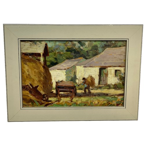 31 - ROBERT JONES: AN OIL PAINTING ON BOARD DEPICTING A FARMER WITH HAY BALES, 

44cm x 29cm 

Mounted in... 