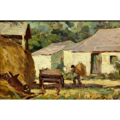 31 - ROBERT JONES: AN OIL PAINTING ON BOARD DEPICTING A FARMER WITH HAY BALES, 

44cm x 29cm 

Mounted in... 