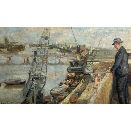 32 - ELVA BLACKER (BRITISH 1908-1984): AN OIL PAINTING ON CANVAS TITLED 'NINE ELMS WHARF' DEPICTING NINE ... 