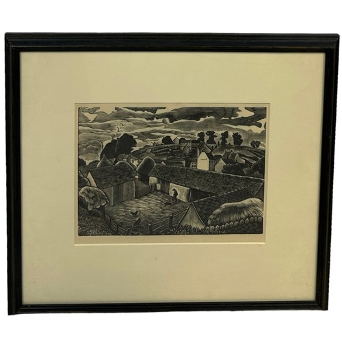 35 - GUY MALET (BRITISH 1900-1973): A WOODCUT ON PAPER TITLED 'A COTSWOLD FARM', 

Label to verso 'Abbott... 