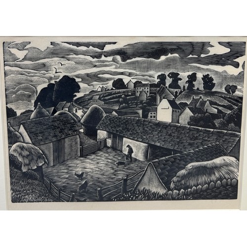 35 - GUY MALET (BRITISH 1900-1973): A WOODCUT ON PAPER TITLED 'A COTSWOLD FARM', 

Label to verso 'Abbott... 