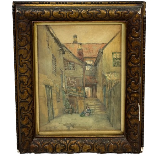 47 - JAMES ATHERTON (JAS ATHERTON): A WATERCOLOUR PAINTING ON PAPER DEPICTING A STREET DOORWAY SCENE WITH... 