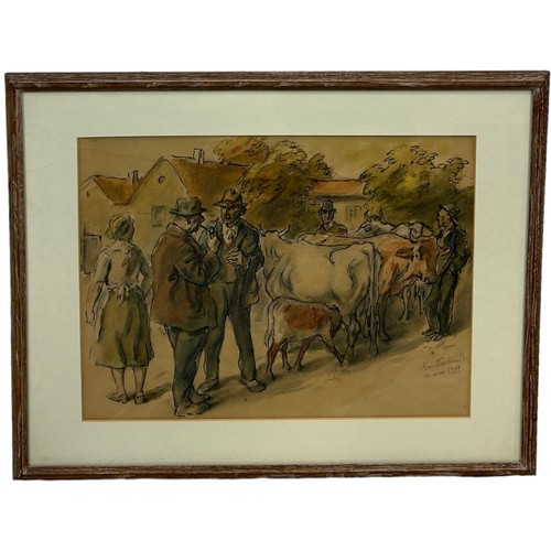 50 - 20TH CENTURY GERMAN SCHOOL: A WATERCOLOUR PAINTING ON PAPER DEPICTING MEN TALKING AMONGST CATTLE, 

... 