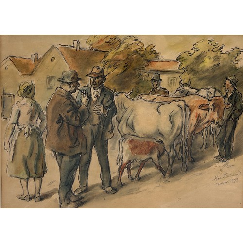 50 - 20TH CENTURY GERMAN SCHOOL: A WATERCOLOUR PAINTING ON PAPER DEPICTING MEN TALKING AMONGST CATTLE, 

... 