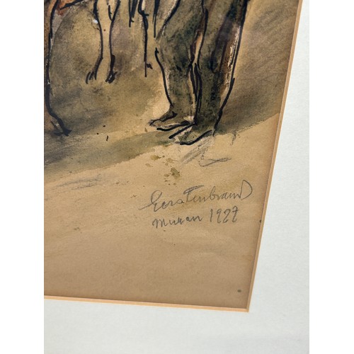 50 - 20TH CENTURY GERMAN SCHOOL: A WATERCOLOUR PAINTING ON PAPER DEPICTING MEN TALKING AMONGST CATTLE, 

... 