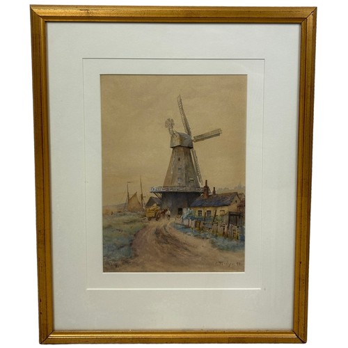 51 - A WATERCOLOUR PAINTING ON PAPER DEPICTING A WINDMILL ON A FARM, WITH FIGURES, HORSES AND CART,

Sign... 