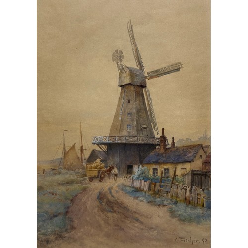 51 - A WATERCOLOUR PAINTING ON PAPER DEPICTING A WINDMILL ON A FARM, WITH FIGURES, HORSES AND CART,

Sign... 