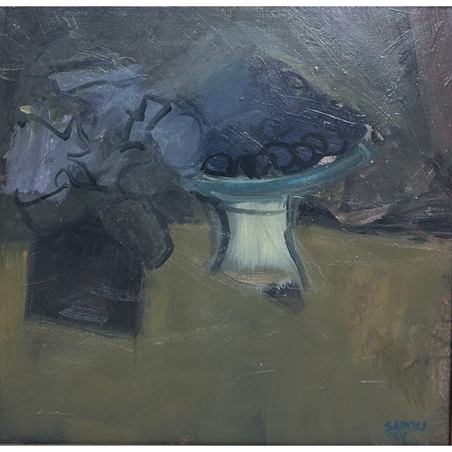 38 - DAWN SIDOLI (BRITISH 1933-2022): AN OIL PAINTING ON BOARD TITLED 'THE FRUIT DISH', 

40cm x 40cm 

M... 