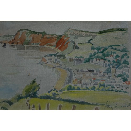 56 - GUY MALET (BRITISH 1900-1973): A WATERCOLOUR PAINTING ON PAPER DEPICTING THE SIDMOUTH COASTLINE, DEV... 