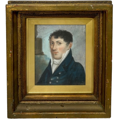 115 - NAIVE SCHOOL, PROBABLY REGENCY PERIOD: A PASTEL PORTRAIT OF A GENTLEMAN WEARING BLUE COAT WITH WHITE... 