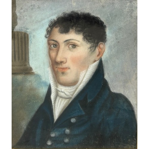 115 - NAIVE SCHOOL, PROBABLY REGENCY PERIOD: A PASTEL PORTRAIT OF A GENTLEMAN WEARING BLUE COAT WITH WHITE... 