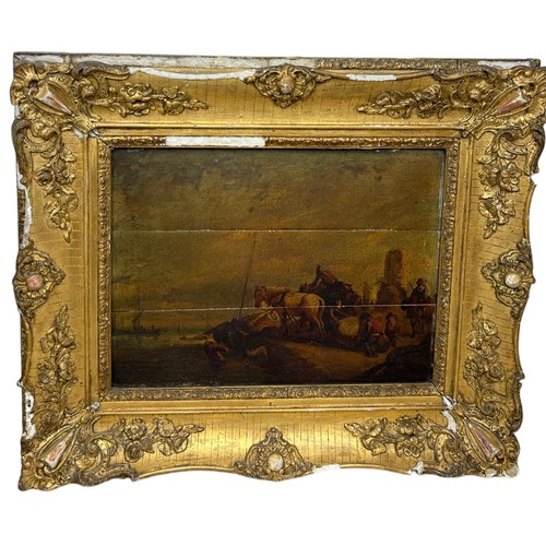 64 - AN OLD MASTER OIL PAINTING ON PANEL DEPICTING FIGURES WITH HORSES BY THE COAST, 

43cm x 33cm 

Moun... 