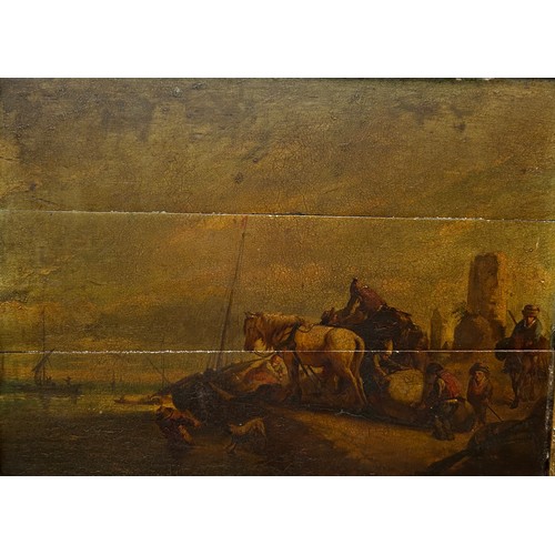 64 - AN OLD MASTER OIL PAINTING ON PANEL DEPICTING FIGURES WITH HORSES BY THE COAST, 

43cm x 33cm 

Moun... 