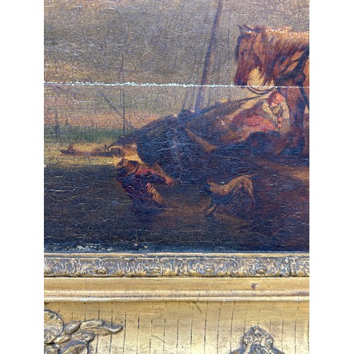 64 - AN OLD MASTER OIL PAINTING ON PANEL DEPICTING FIGURES WITH HORSES BY THE COAST, 

43cm x 33cm 

Moun... 