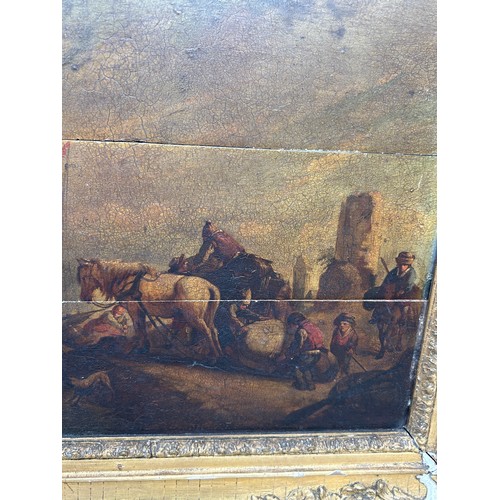 64 - AN OLD MASTER OIL PAINTING ON PANEL DEPICTING FIGURES WITH HORSES BY THE COAST, 

43cm x 33cm 

Moun... 