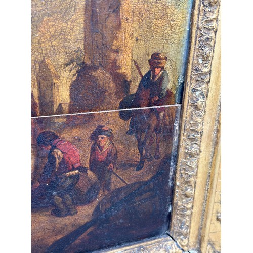 64 - AN OLD MASTER OIL PAINTING ON PANEL DEPICTING FIGURES WITH HORSES BY THE COAST, 

43cm x 33cm 

Moun... 