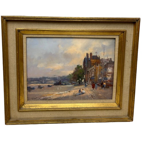 3 - WILLIAM DAVIES (B.1928): AN OIL PAINTING ON CANVAS DEPICTING A RIVER FRONT SCENE IN LONDON, 

40cm x... 