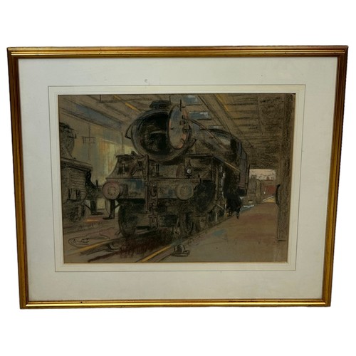 79 - A LARGE PASTEL DRAWING ON PAPER DEPICTING A TRAIN IN A DEPOT, 

Signed indistinctly 'Borker?'

57cm ... 