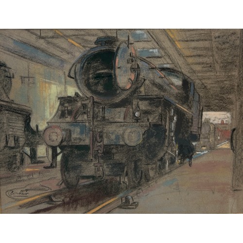 79 - A LARGE PASTEL DRAWING ON PAPER DEPICTING A TRAIN IN A DEPOT, 

Signed indistinctly 'Borker?'

57cm ... 