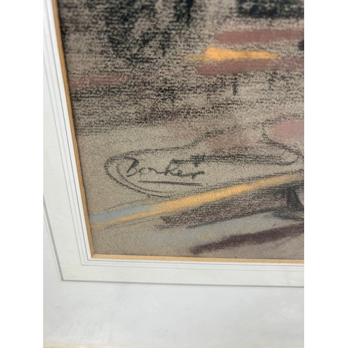 79 - A LARGE PASTEL DRAWING ON PAPER DEPICTING A TRAIN IN A DEPOT, 

Signed indistinctly 'Borker?'

57cm ... 