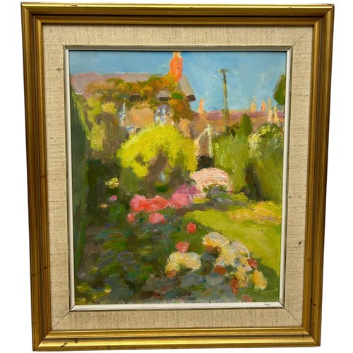 95A - AN OIL PAINTING ON BOARD DEPICTING A GARDEN SCENE WITH HOUSES IN THE BACKGROUND, 

29cm x 24cm 

Mou... 