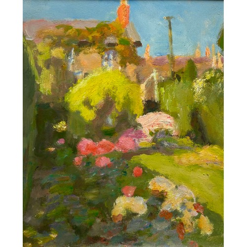 95A - AN OIL PAINTING ON BOARD DEPICTING A GARDEN SCENE WITH HOUSES IN THE BACKGROUND, 

29cm x 24cm 

Mou... 