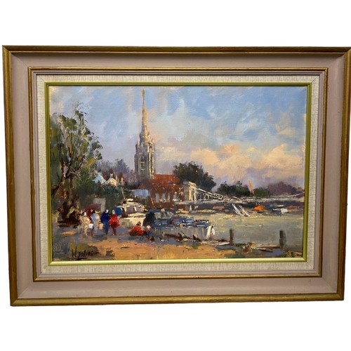 19 - WILLIAM DAVIES (B.1928): AN OIL PAINTING ON CANVAS DEPICTING A LONDON RIVERSIDE VIEW WITH A BRIDGE, ... 