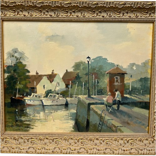 24 - CHARLES SMITH F.R.S.A (BRITISH 1913-2003): AN OIL PAINTING ON BOARD TITLED 'TEDDINGTON LOCK', 

45cm... 