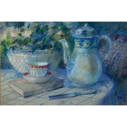 10 - SUE WALES: A MIXED MEDIA PAINTING ON PAPER DEPICTING A STILL LIFE TITLED 'COFFEE POT AND FLOWERS',

... 