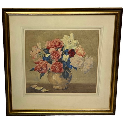 95B - A LARGE WATERCOLOUR PAINTING ON PAPER DEPICTING A STILL LIFE SCENE WITH FLOWERS IN A VASE, 

Signed ... 