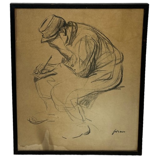 15 - A LARGE CHARCOAL DRAWING ON PAPER DEPICTING A CROUCHING GENTLEMAN WRITING A LETTER, 

62cm x 51cm 

... 