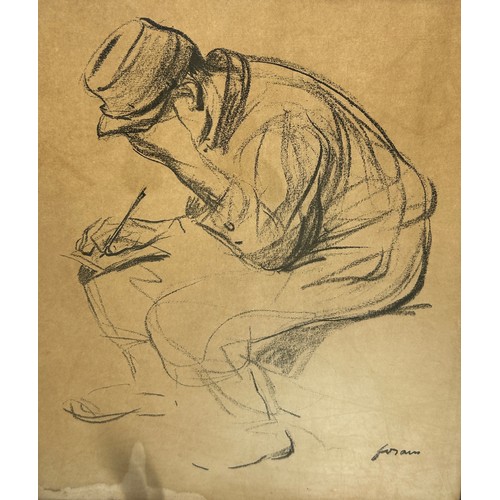 15 - A LARGE CHARCOAL DRAWING ON PAPER DEPICTING A CROUCHING GENTLEMAN WRITING A LETTER, 

62cm x 51cm 

... 