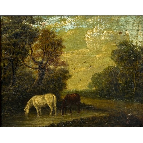 13 - A VICTORIAN OIL PAINTING ON CANVAS DEPICTING TWO HORSES DRINKING AT A POOL OF WATER BESIDES A FOREST... 