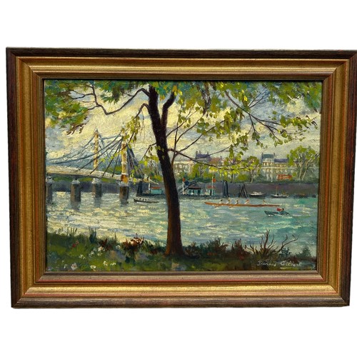 25 - DENNIS GILBERT (B.1922): AN OIL PAINTING ON CANVAS DEPICTING ALBERT BRIDGE FROM CHEYNE WALK, 

35cm ... 