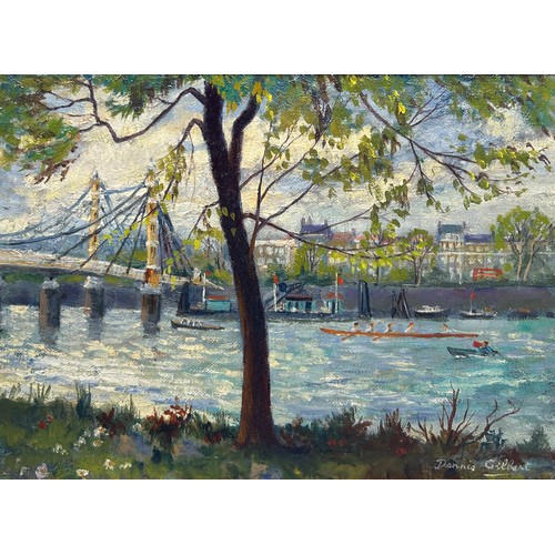 25 - DENNIS GILBERT (B.1922): AN OIL PAINTING ON CANVAS DEPICTING ALBERT BRIDGE FROM CHEYNE WALK, 

35cm ... 