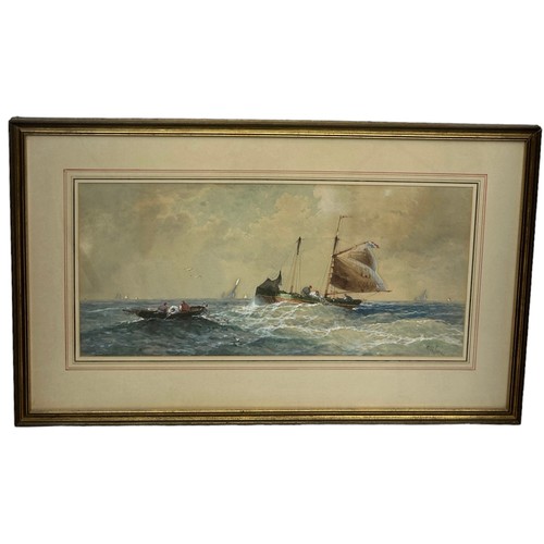 20 - A LARGE WATERCOLOUR PAINTING ON PAPER DEPICTING FISHING BOATS AT SEA WITH FISHERMAN,

57cm x 27cm 

... 