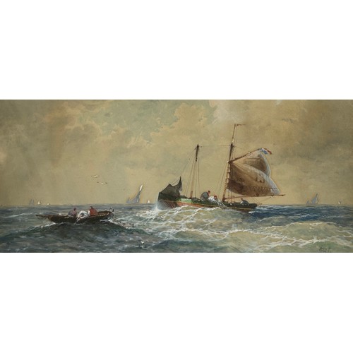 20 - A LARGE WATERCOLOUR PAINTING ON PAPER DEPICTING FISHING BOATS AT SEA WITH FISHERMAN,

57cm x 27cm 

... 