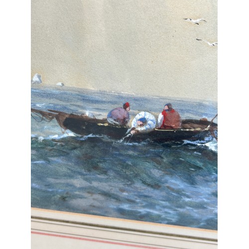 20 - A LARGE WATERCOLOUR PAINTING ON PAPER DEPICTING FISHING BOATS AT SEA WITH FISHERMAN,

57cm x 27cm 

... 