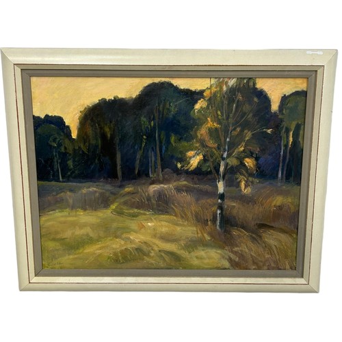 65 - VIOLET FULLER: (BRITISH 1920-2006): AN OIL PAINTING ON CANVAS DEPICTING MOORLAND & TREES

97cm x 77c... 