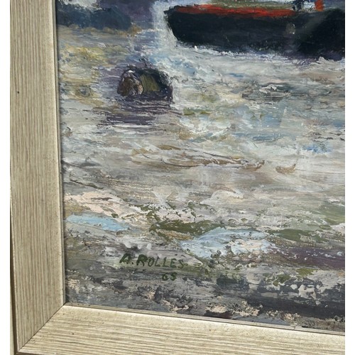 88 - AN OIL PAINTING ON BOARD DEPICTING THE THAMES,

Signed 'A Rolles'

45cm x 35cm

Mounted in a frame 
... 