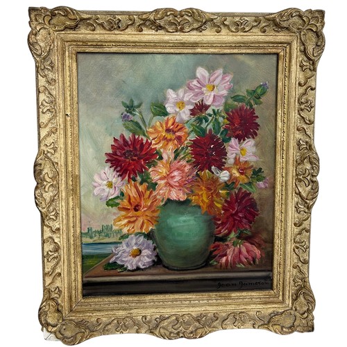 73 - JEAN JAMESON: AN OIL PAINTING ON CANVAS DEPICTING A STILL LIFE, VASE WITH FLOWERS,

50cm x 38cm 

68... 