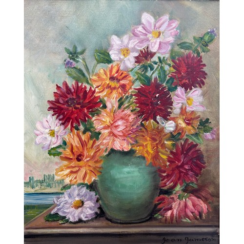 73 - JEAN JAMESON: AN OIL PAINTING ON CANVAS DEPICTING A STILL LIFE, VASE WITH FLOWERS,

50cm x 38cm 

68... 