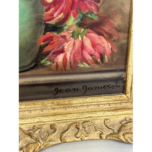 73 - JEAN JAMESON: AN OIL PAINTING ON CANVAS DEPICTING A STILL LIFE, VASE WITH FLOWERS,

50cm x 38cm 

68... 