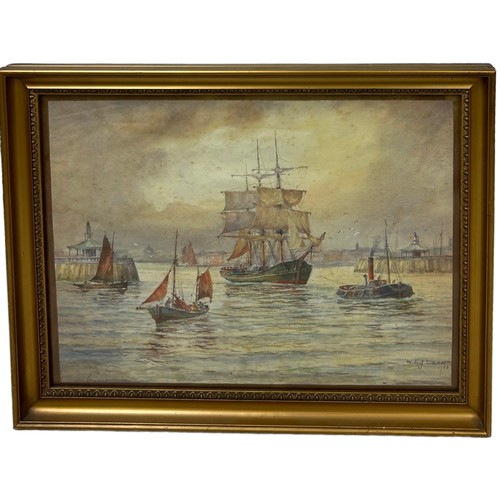 110 - A WATERCOLOUR PAINTING ON PAPER DEPICTING SHIPS IN A HARBOUR SIGNED 'W.E.J. DEAN', 

47cm x 34cm 

M... 