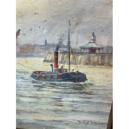 110 - A WATERCOLOUR PAINTING ON PAPER DEPICTING SHIPS IN A HARBOUR SIGNED 'W.E.J. DEAN', 

47cm x 34cm 

M... 