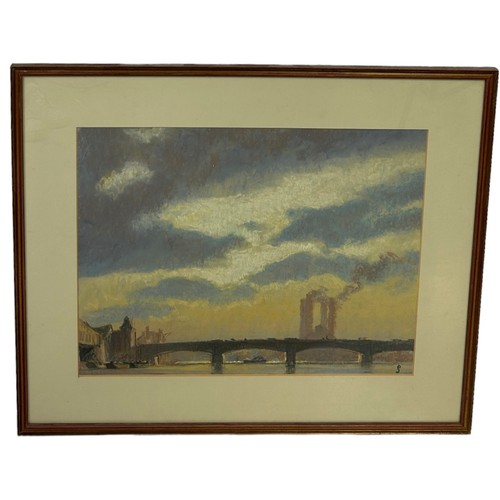 8 - PAT JOBSON: A PASTEL DRAWING TITLED 'SUNSET, CHELSEA', 

Label to verso for the Wapping Group of Art... 